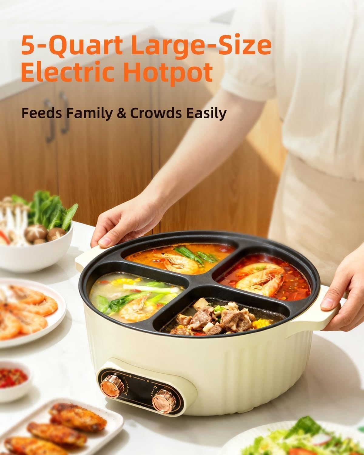 Electric Hotpot With Divider, 4-Panel Hotpot, Non Stick Hot Pot, 5Qt Indoor Cooking Hotpot, For Family Gatherings