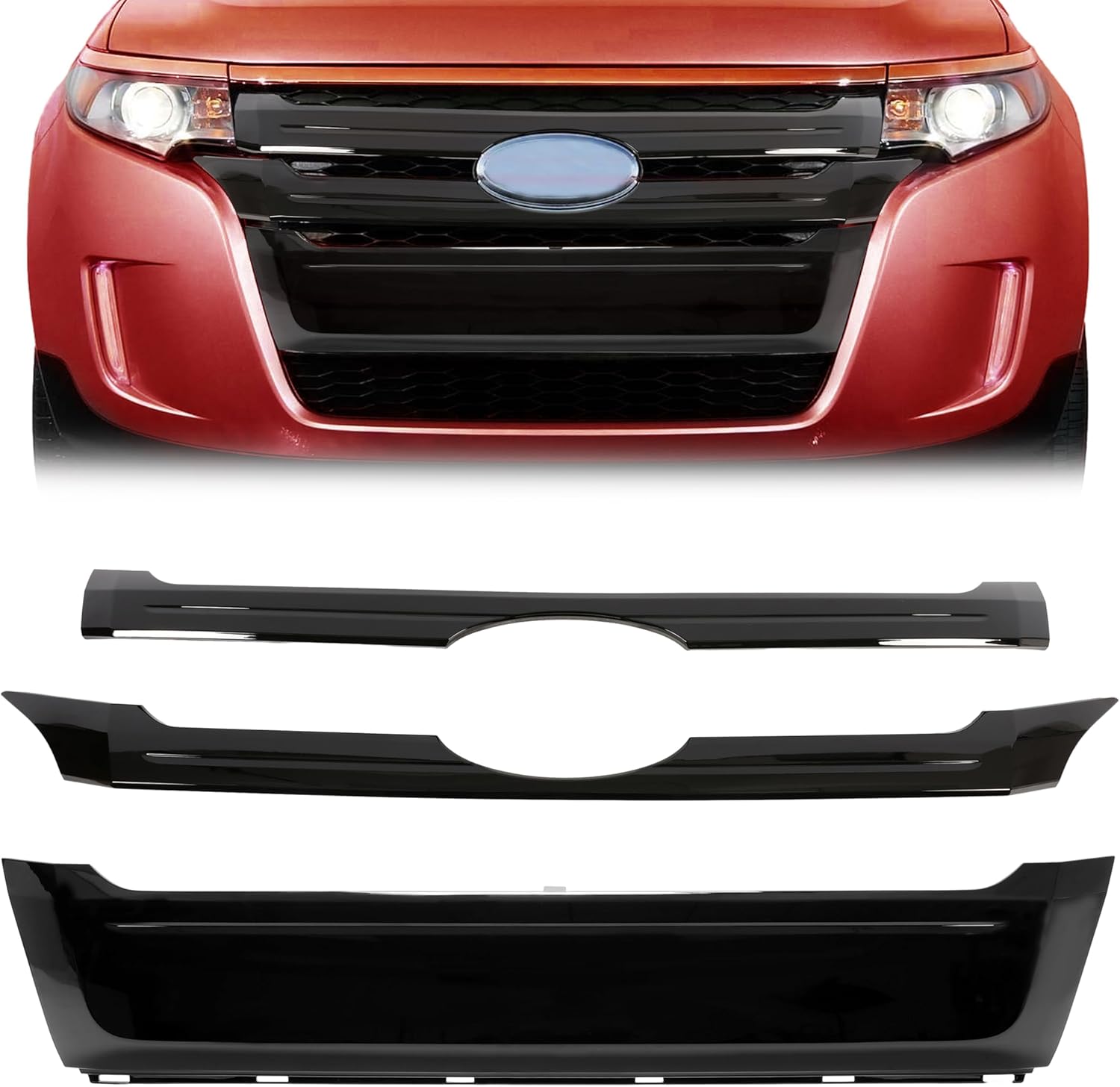 3Pcs Grille + Lower Grille Trim Set Compatible with 2011-2014 Ford Edge Upper Center Grill Cover Molding Black Trims Replacement for BT4Z-8200-CPTM BT4Z-8200-DPTM BT4Z-8200-EPTM