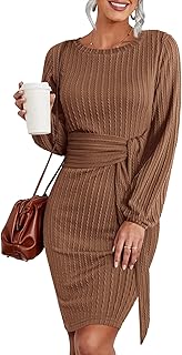 Women's Casual Knit Dress Fall Long Sleeve Bodycon Dress Crewneck Tie Waist Rib Knitted Sweater Dresses - Buy now