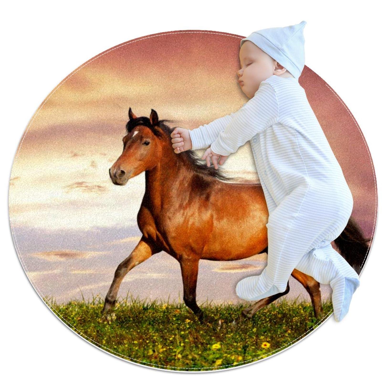 Tapis de jeu pour enfants JDEZ tapis rond cheval brun pour offrir