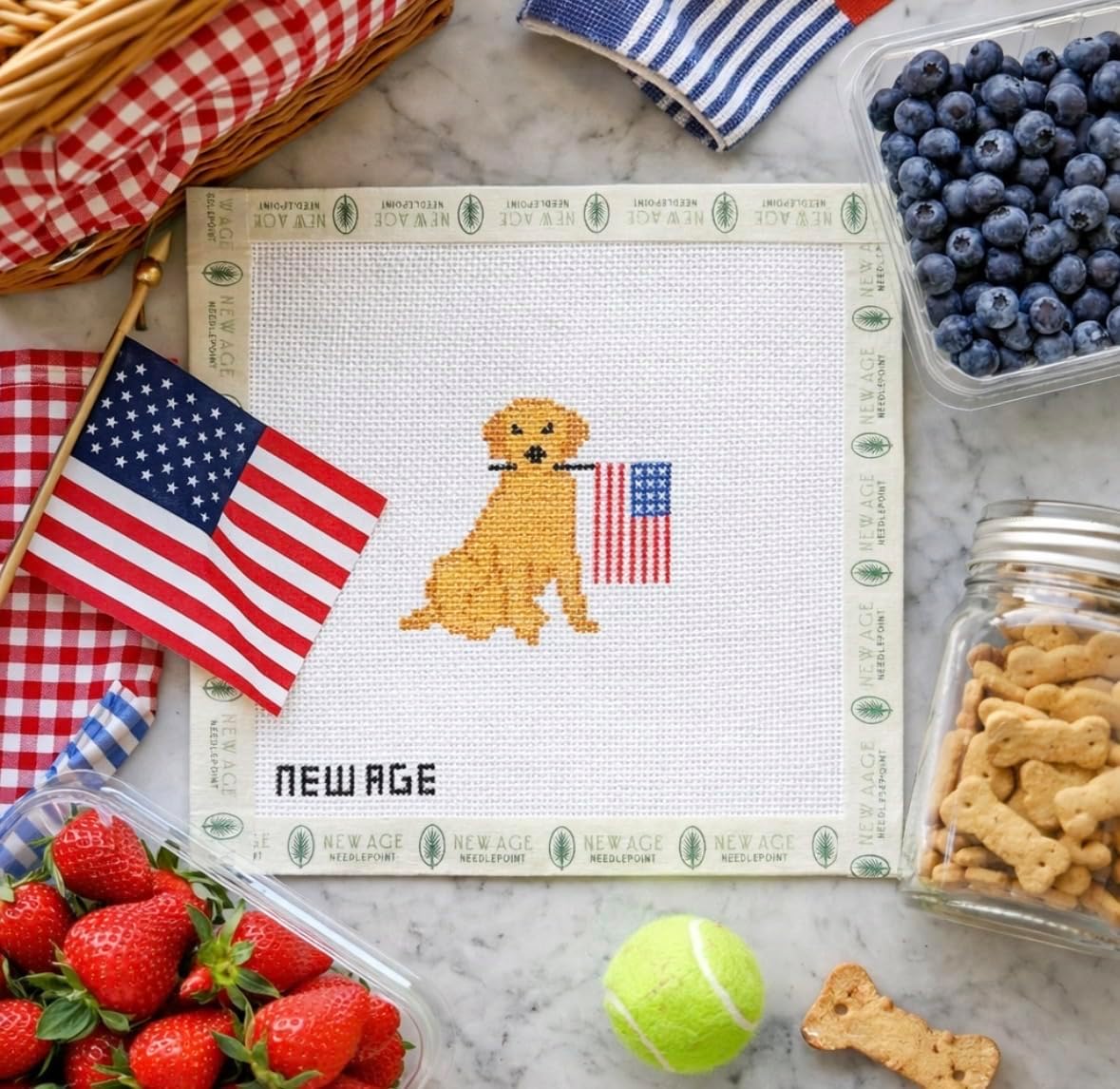 Patriotic Golden Retriever Needlepoint Canvas: Hand-Painted American Flag Dog