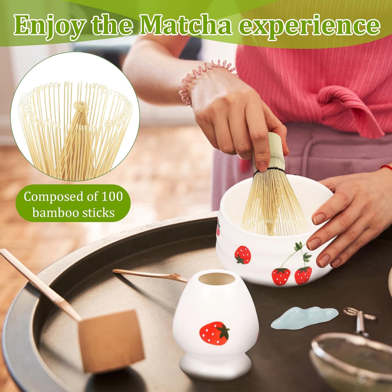Matcha Whisk Set, Strawberry Matcha Bowl Set with Cups, Bamboo Whisk, Scoop & Holder, Kit Gift for Tea Lovers and Tea