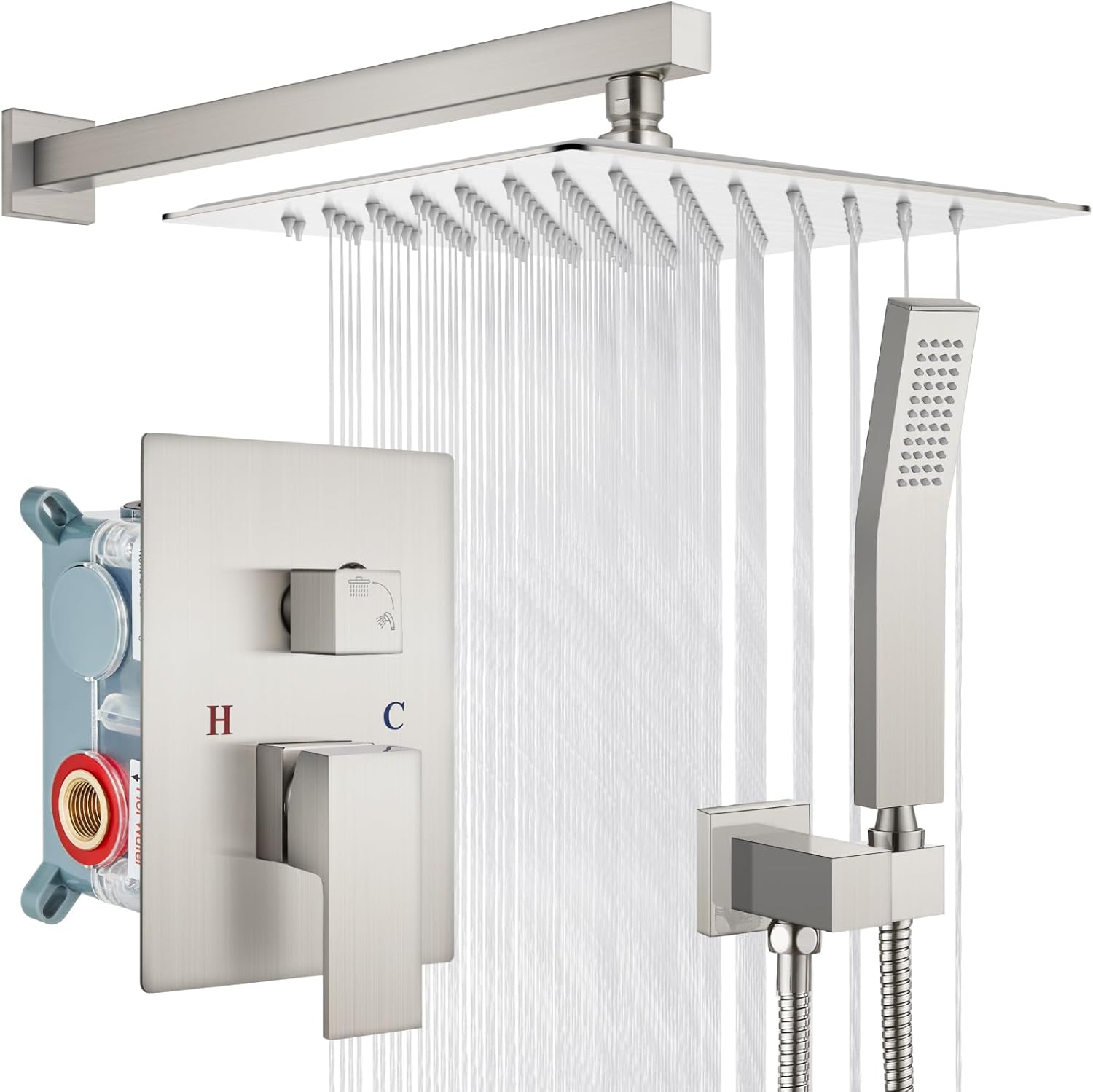 gotonovo Rainfall Bathroom Shower System Rain Shower Head and Handle Set Wall Mounted Shower Complete Combo Solid Brass Pressure Balancing Shower Mixer Valve 12 Inch Brushed Nickel (12 Inch Brushed Nickel) Thumbnail