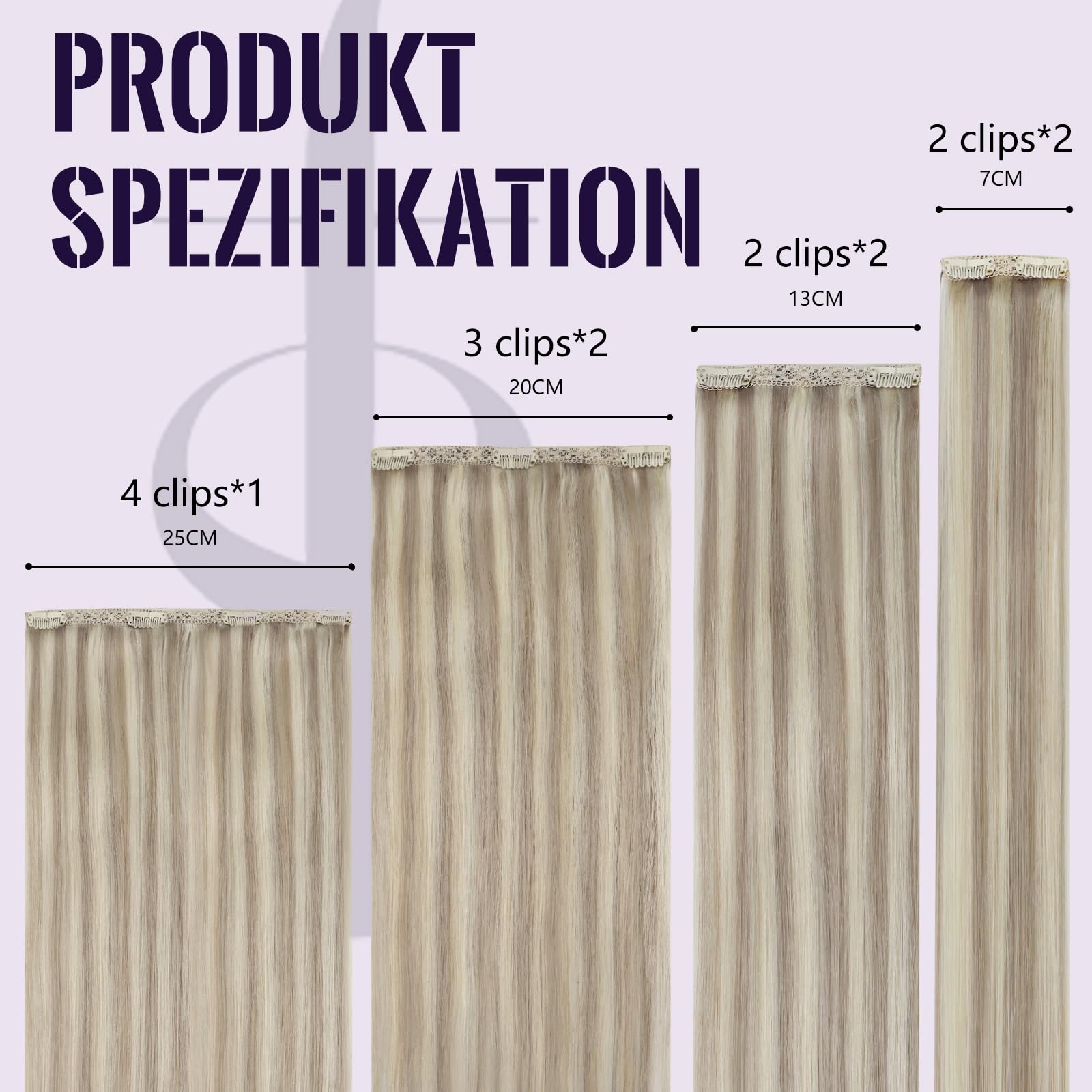 Echthaar Extensions Clip, Aschblond mit Platinblonden Strähnen, 45 cm, 120 g 7 Stücke, Unsichtbares Design, Clip Extensions Echthaar, Farbe 18P613
