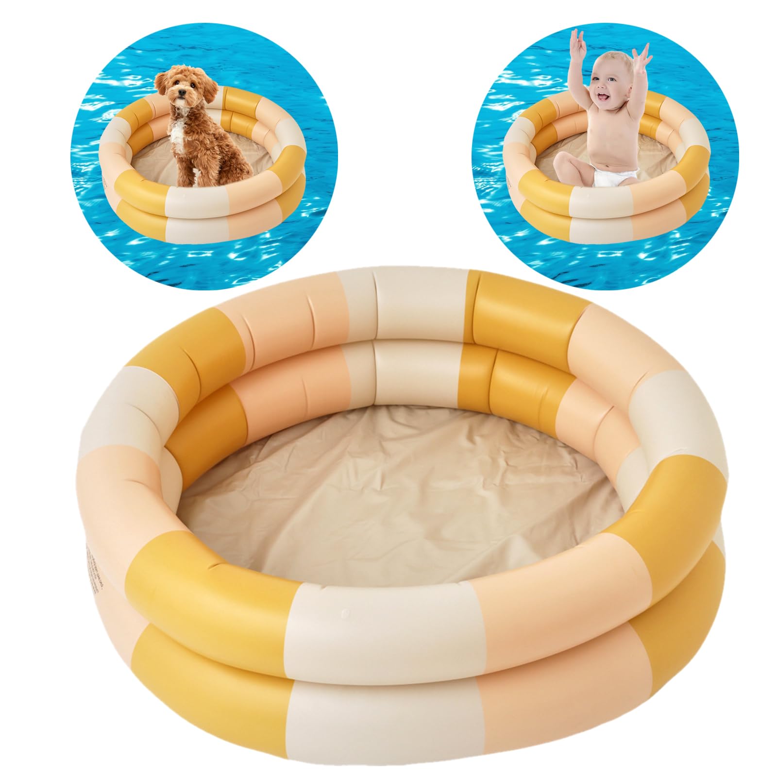 Vintage Stripes Kids Paddling Pool - Inflatable Baby Swimming Pool, 2 Ring Safety, Inflatable Safety Bubble Bottom, Indoor/Outdoor for Girls & Boys (Yellow)
