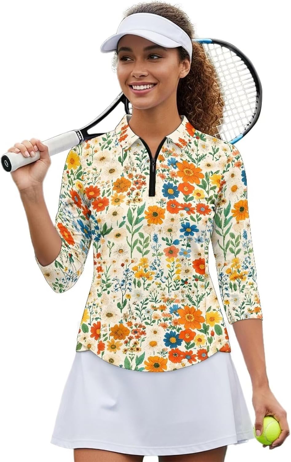 Womens 3/4 Sleeve Polo Shirts Sun Protection Zip Up Golf Shirt Tennis Tops Athletic Outfits Activewear for Women