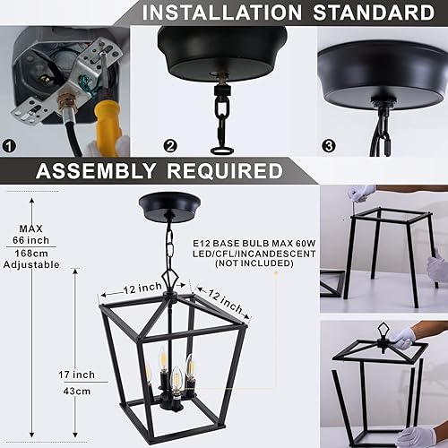 Miniatura 8 de Lámpara de araña de granja, lámpara colgante de linterna, lámpara de techo de vestíbulo industrial, 12 pulgadas, negro, lámpara colgante de jaula