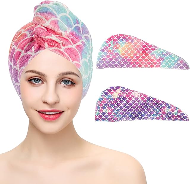CeruleTree 2 Packs Hair Drying Towel Wrap Hair Women Bath Hair Turban Towel with Buttons Super Absorbent Quick Drying Head Wrap for Straight Hair Curly Hair Drying