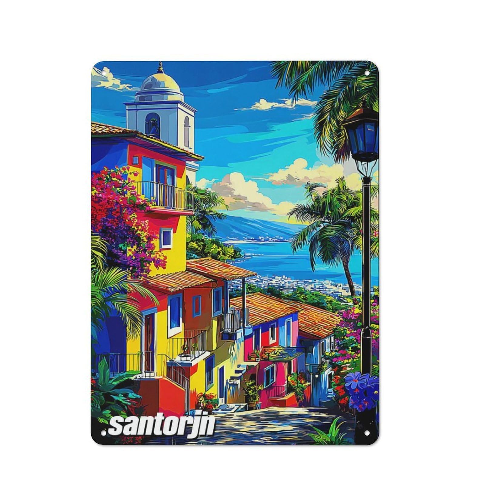 Junmoney Colorful Santorini Village Scene Metal Wall Sign With Design 40X30cm, Loft Style Studio Wall Art For Flat, Bar, Studio Or Gallery Wall
