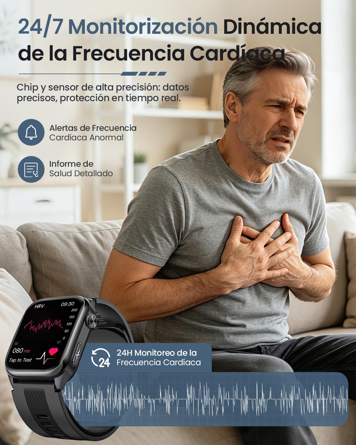 FOSMET S101 Reloj Inteligente Hombre Presión Arterial, 24H ECG HRV, Negro | 2.06" AMOLED Smartwatch Salud, SpO2, IMC, Frecuencia Cardíaca, Monitor de Sueño, Estrés, Llamadas Bluetooth con Android e iOS