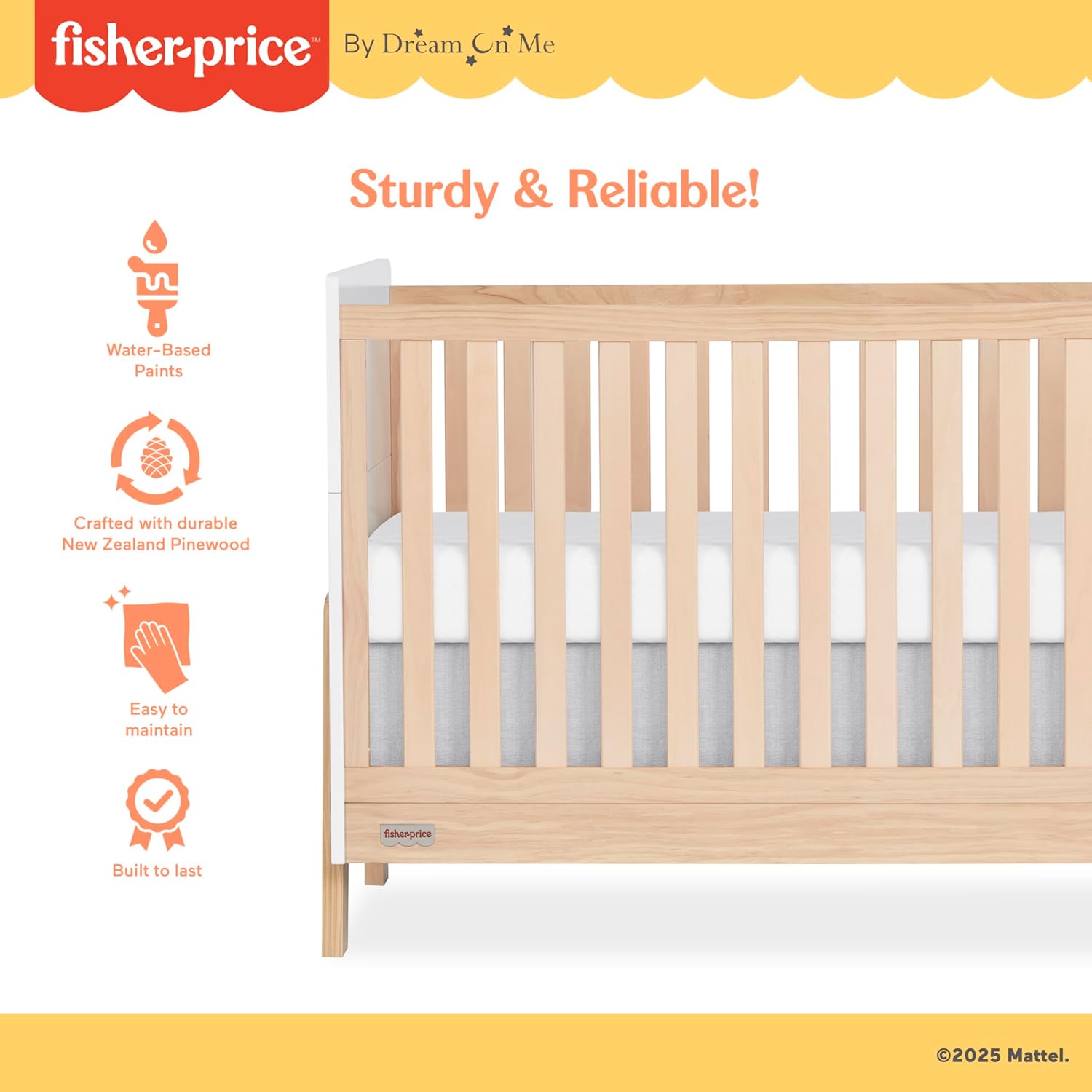 Dream On Me Fisher-Price Iris 4-in-1 Convertible Full-Size Baby Crib in Vintage White Oak, GreenGuard Gold & JPMA, Sustainable Pinewood, Converts to Day & Toddler Bed with Guard Rails & Kids Sofa