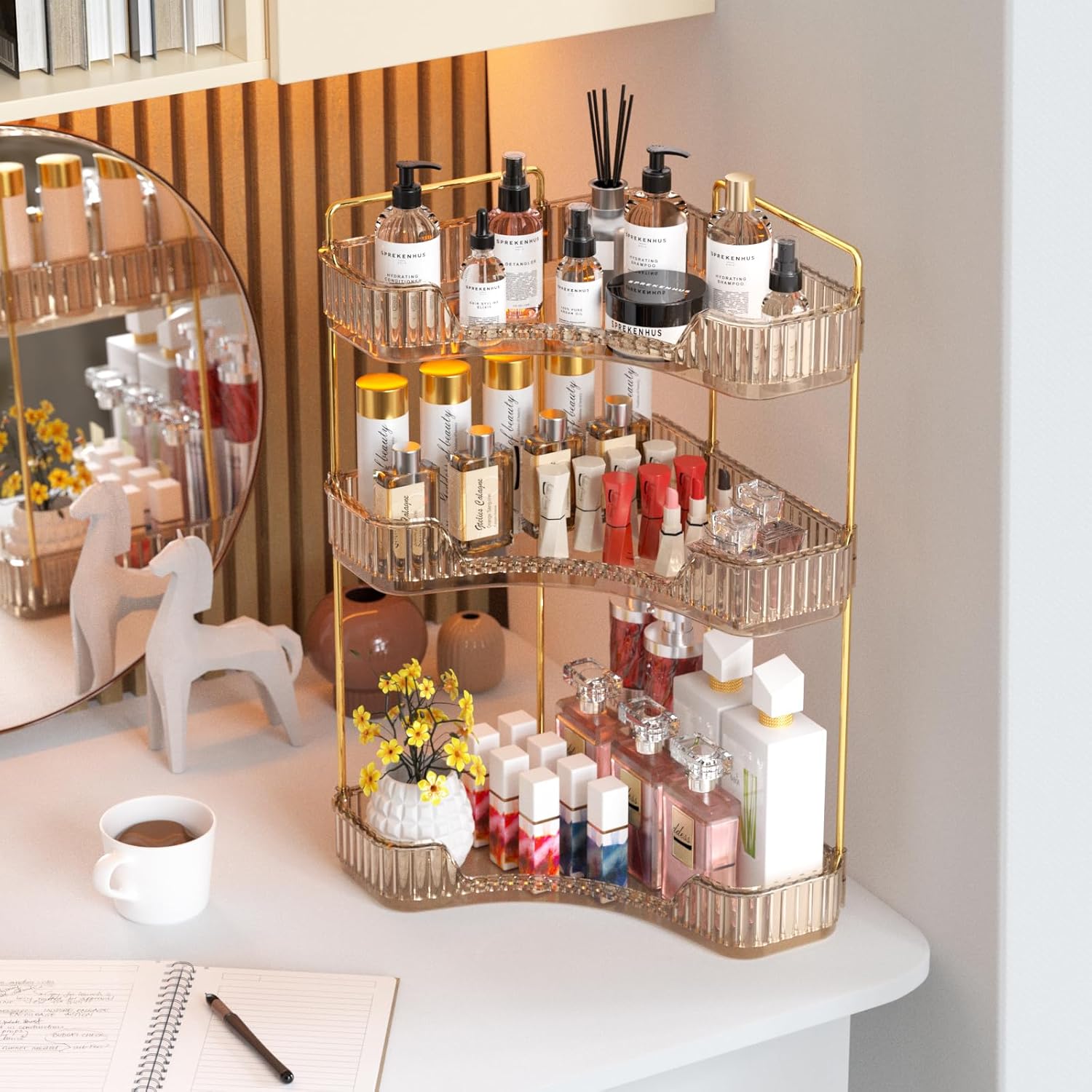 GTI 3-Tier Corner Bathroom Counter Organizer, Large Capacity Makeup Organizer Countertop, Perfume Cosmetics Skincare Vanity Organizers, Exquisite Countertop Storage for Women (Amber)