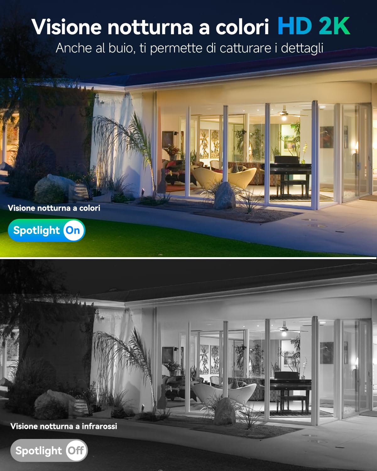 SEHMUA Telecamera Wi-Fi Esterno Senza Fili con Pannello Solare, 2K 360° PTZ | Videocamera Sorveglianza Esterno a Batteria, Visione Notturna A Colori, Rilevamento PIR, Audio Bidirezionale, IP66, 2 Pezzi