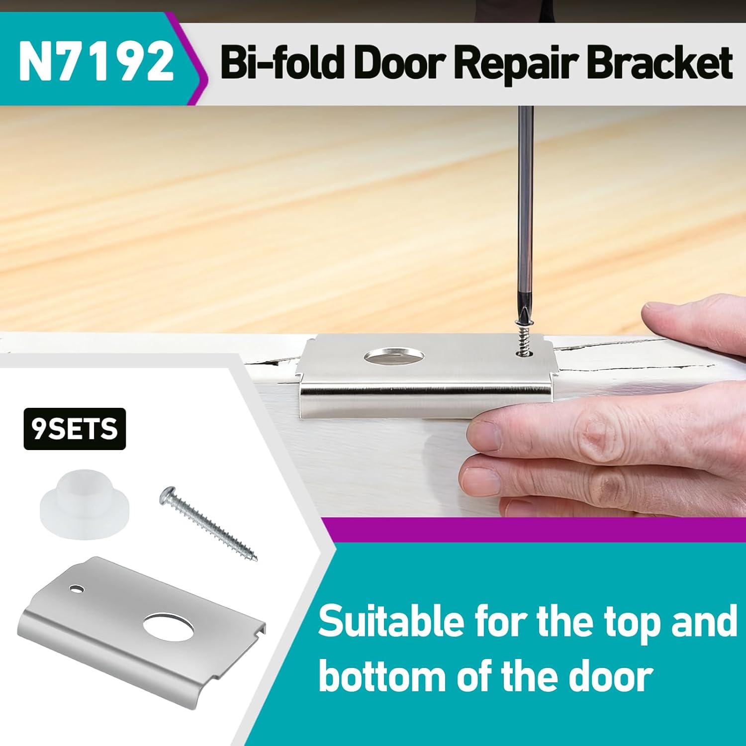 9 Sets N7192 Bi-fold Door Repair Bracket, Bifold Door Hardware Compatible with1-3/8 in Wood Doors, Fits 7/16 in Pivot, Top or Bottom Mount
