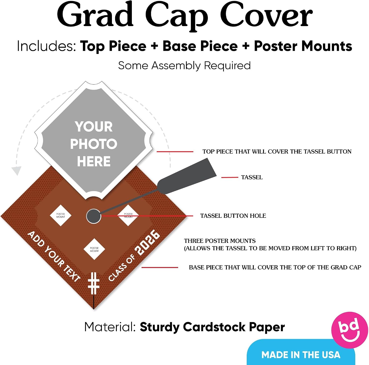 Big Dot of Happiness Custom Photo Football 2026 Grad Cap Cover, Personalized Graduation Cap Decorations Kit for High School or College - 1 Count