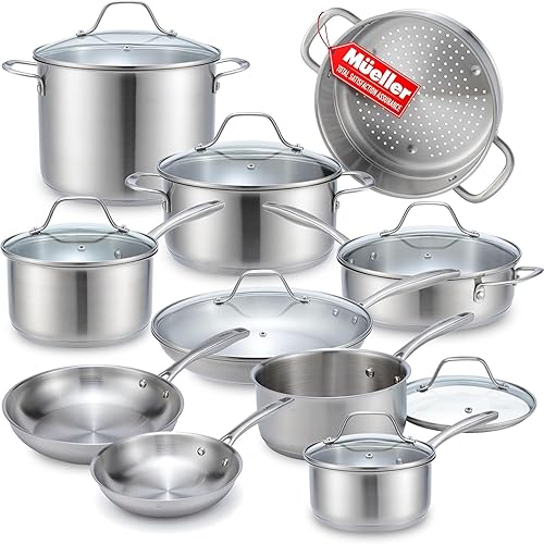 Mueller Pots and Pans Set 17-Piece, Ultra-Clad Pro Stainless Steel Cookware Set, Ergonomic EverCool Handle, Induction Cookware, Includes Saucepans, Skillets, Dutch Oven, Stockpot, Steamer For Cooking