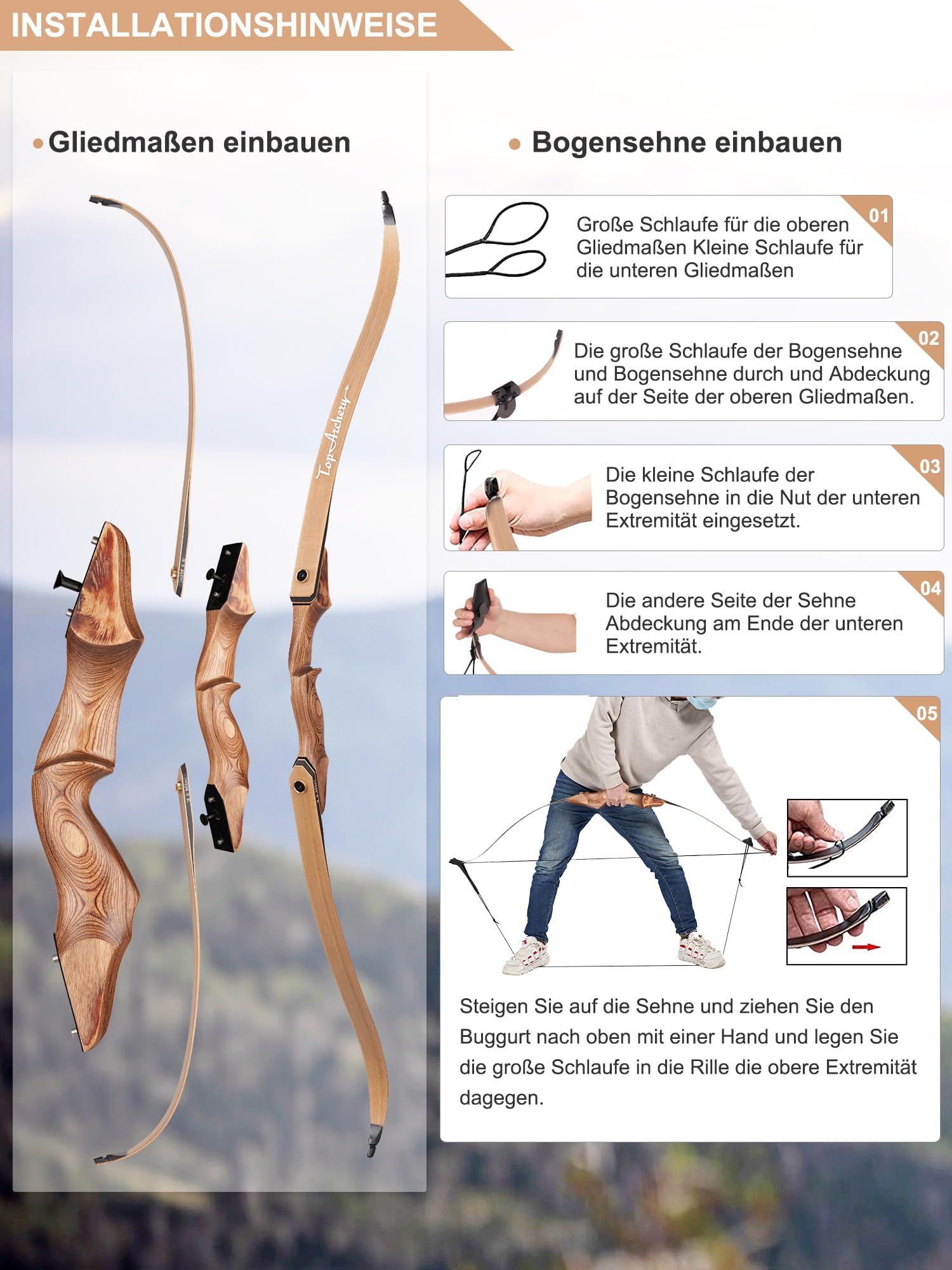 TOPARCHERY Pfeil und Bogen Set Erwachsene 60 Zoll Recurve Bogen Sportbogen Jagdbogen Bogenschießen für Erwachsene & Einsteiger 30-50lbs
