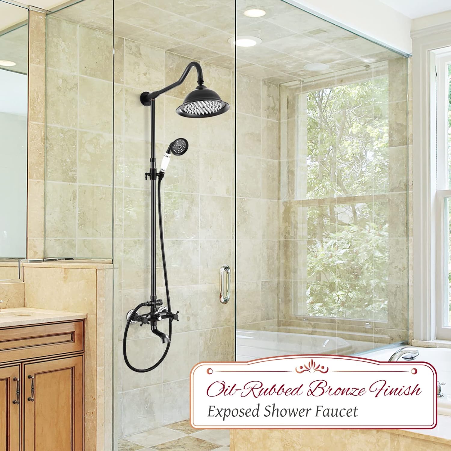 Fеаturеd Prоduсt Shower Faucet Set Oil Rubbed Bronze Shower System 8 Rain Shower 2 Double Knobs Handle Triple Function Tub Spout Shower Fixture Combo Unit Set
