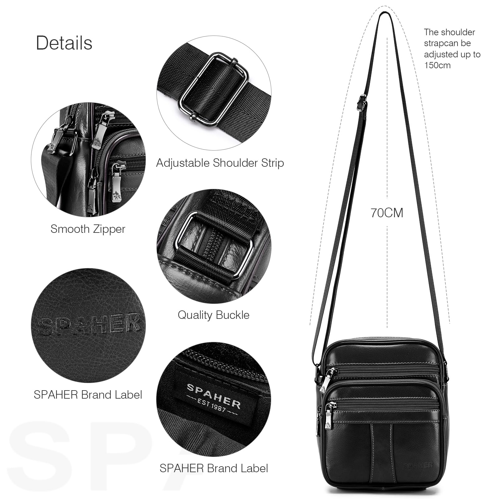 SPAHER Sacoche Homme Bandouliere Cuir Veritable Petit Sac Bandoulière Homme Sac Porté Epaule Sacs Business Vintage Sacs à Dos Porté Travers Pochettes Multifonctionnel Sacs à Main Voyage