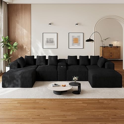 143" Oversized U Shaped Cloud Sectional Couches for Living Room, Comfy Fluffy Corduroy Black Boneless Couch, Large Modular Sectional Sofa Set with Chaise, Cup Holder, USB Port, Storage Console