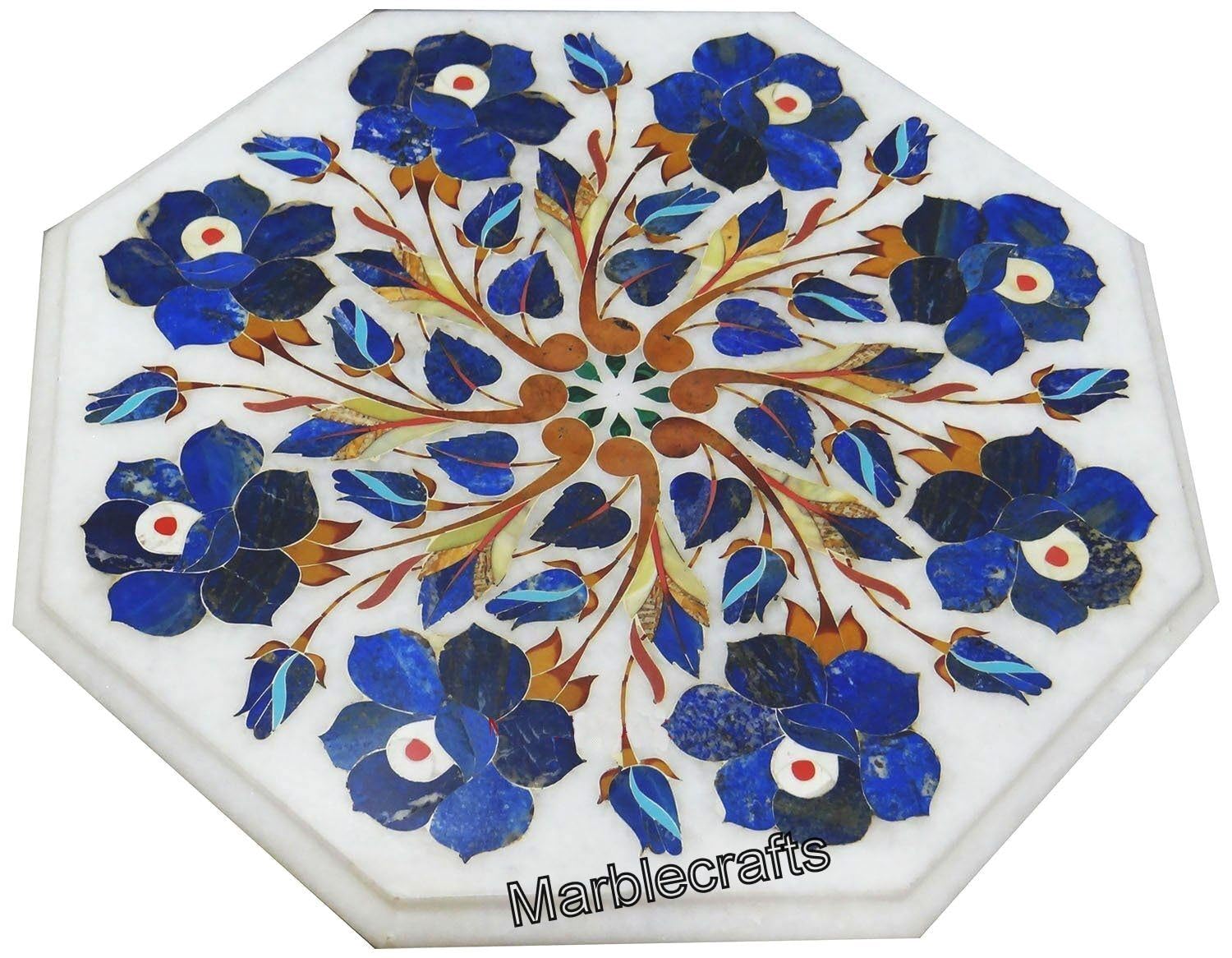 Table basse en marbre blanc 33x33 cm avec incrustation lapis-lazuli