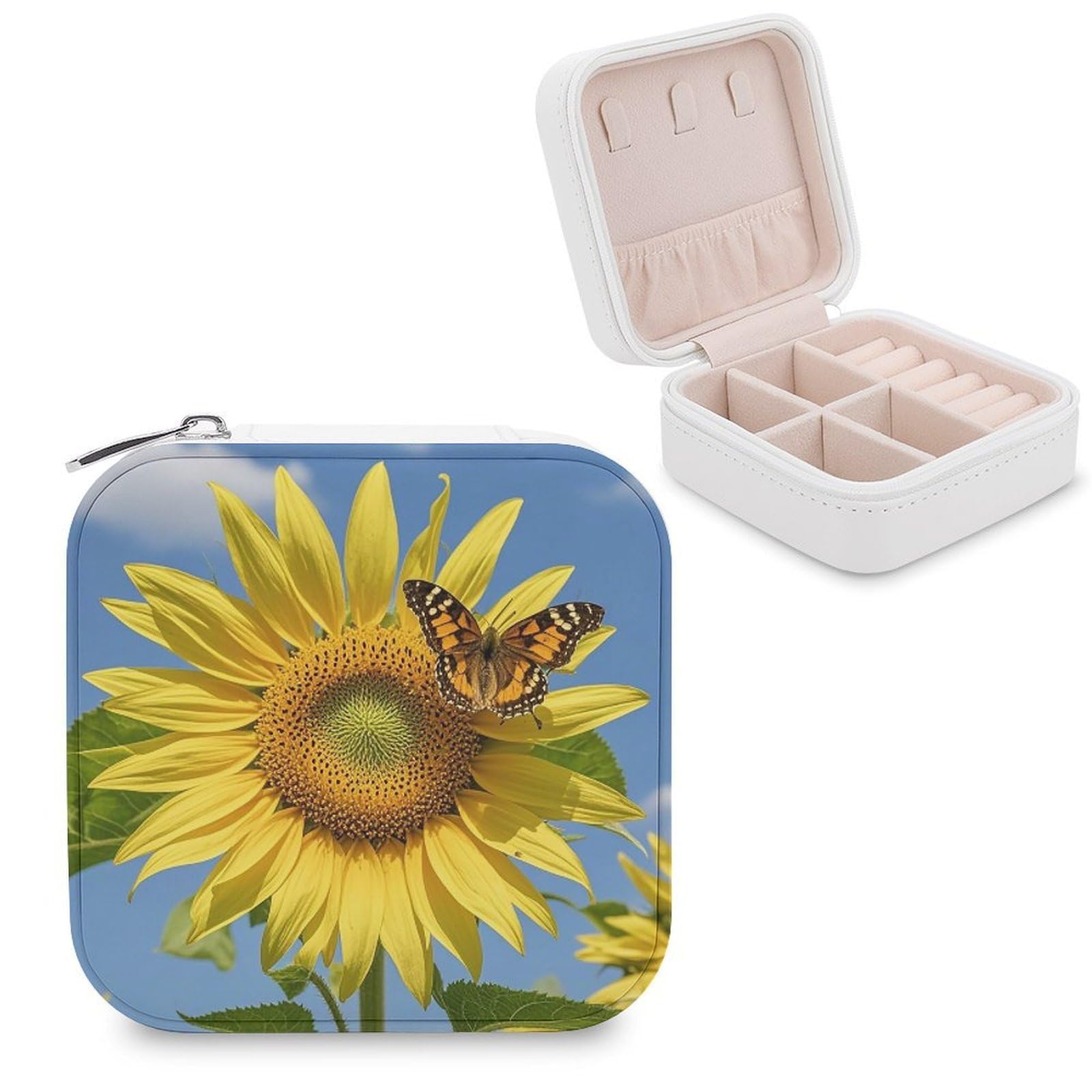 LZQPOEAS Sunflower And Butterfly Jewelry Box Mini Jewelry Travel Case Trendy Stuff Ring Box Custom PU Leather Jewelry Boxes Portable Jewelry Case Earring Storage Organizer for Girls Women