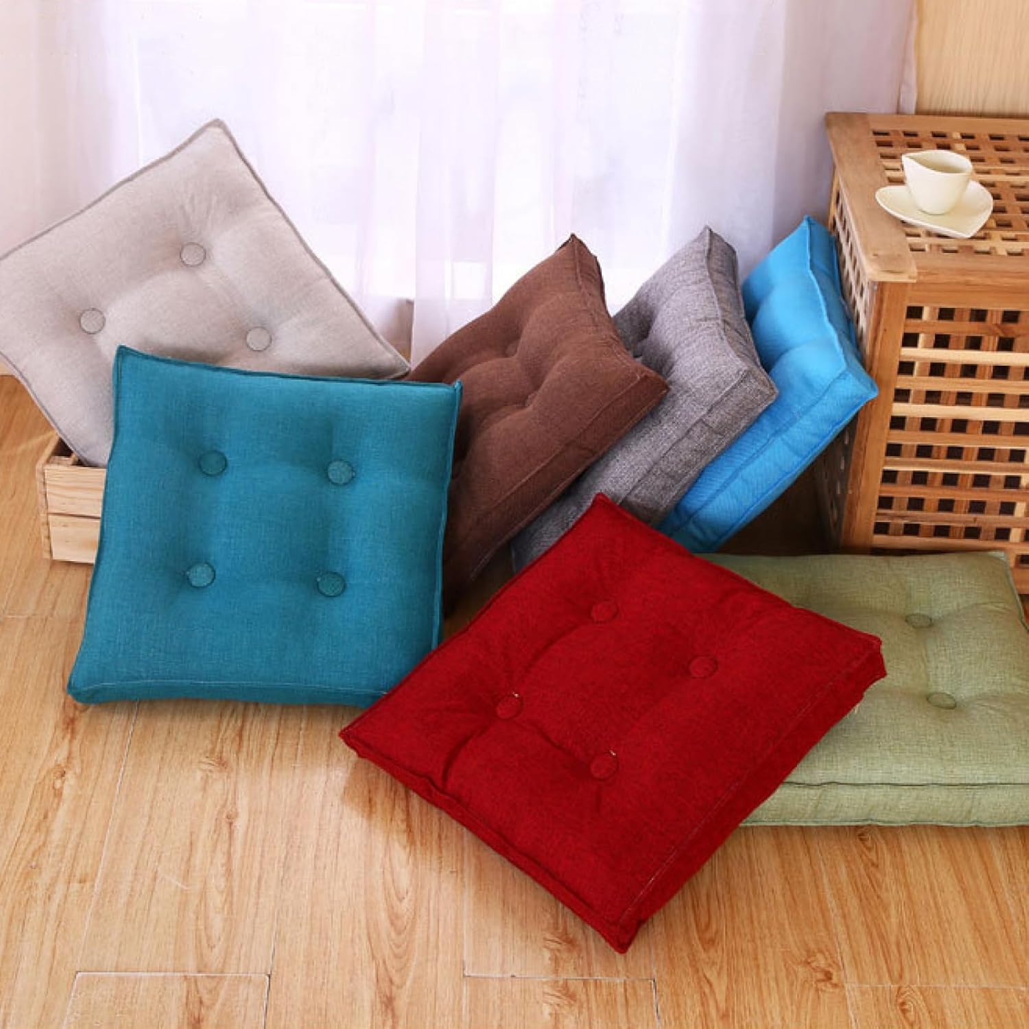 Floor Pillow Linen Meditation Cushion Floor Cushions Thick Tufted Seat Cushion Square Chair Cushions for Dining Chair(20x20 Inch, Coffee)