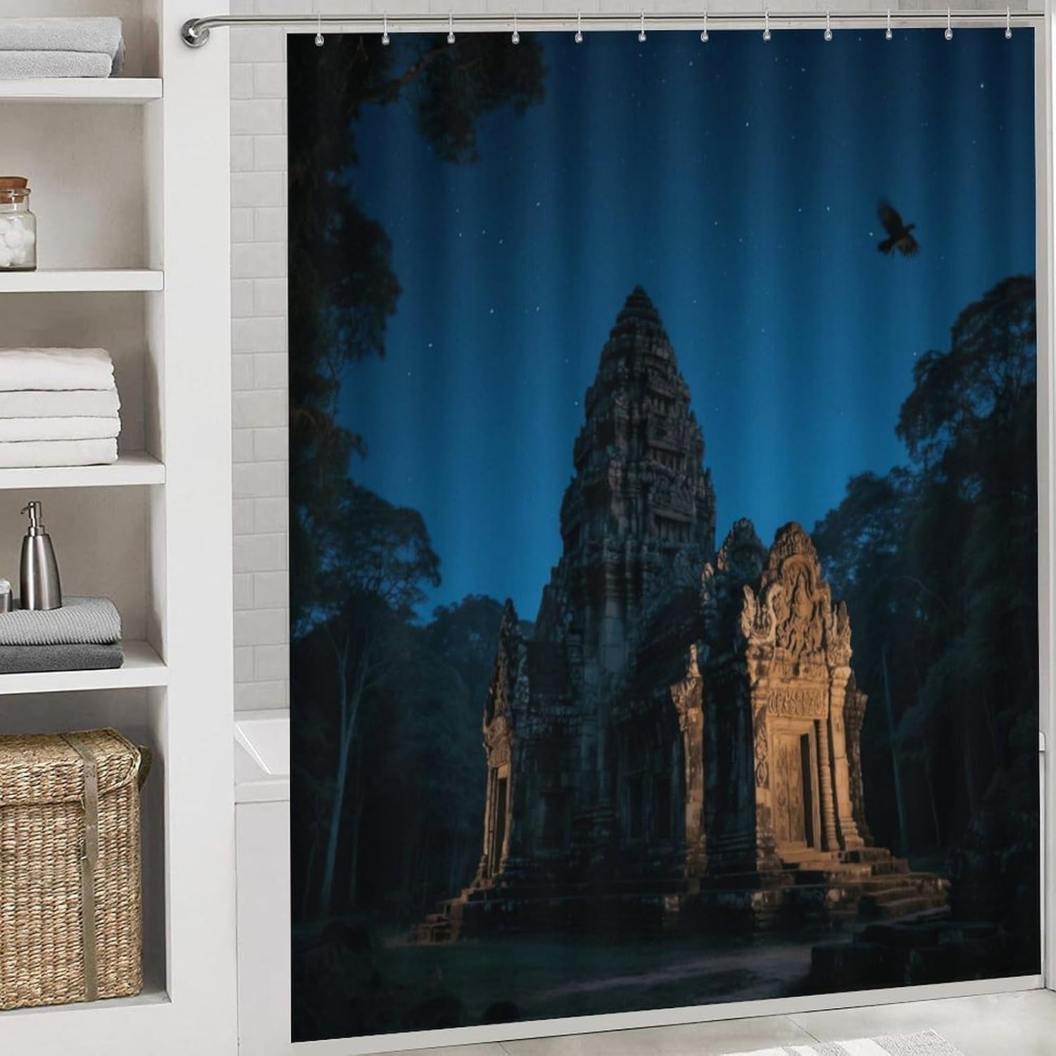 Angkor Wat Bath Rug Set 4 Piece,Bathroom Accessories Set-Toilet Rugs U Shaped,Toilet Lid Cover,Shower Curtain and Rugs,Ultra Soft, Absorbent,Home Decor