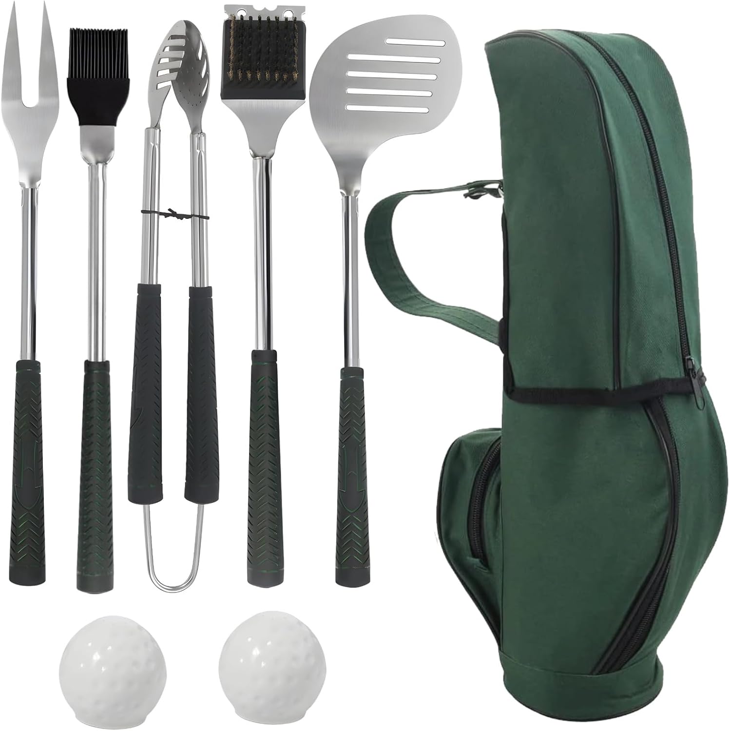 8 Pcs Golf BBQ Grilling Gifts Set, Stainless Steel Grill Accessories Tools Utensils Kit with PP Handle, Includes Spatula, Fork, Brush, Clip, Oil Brush, 2 Seasoning Cans, Storage Bag