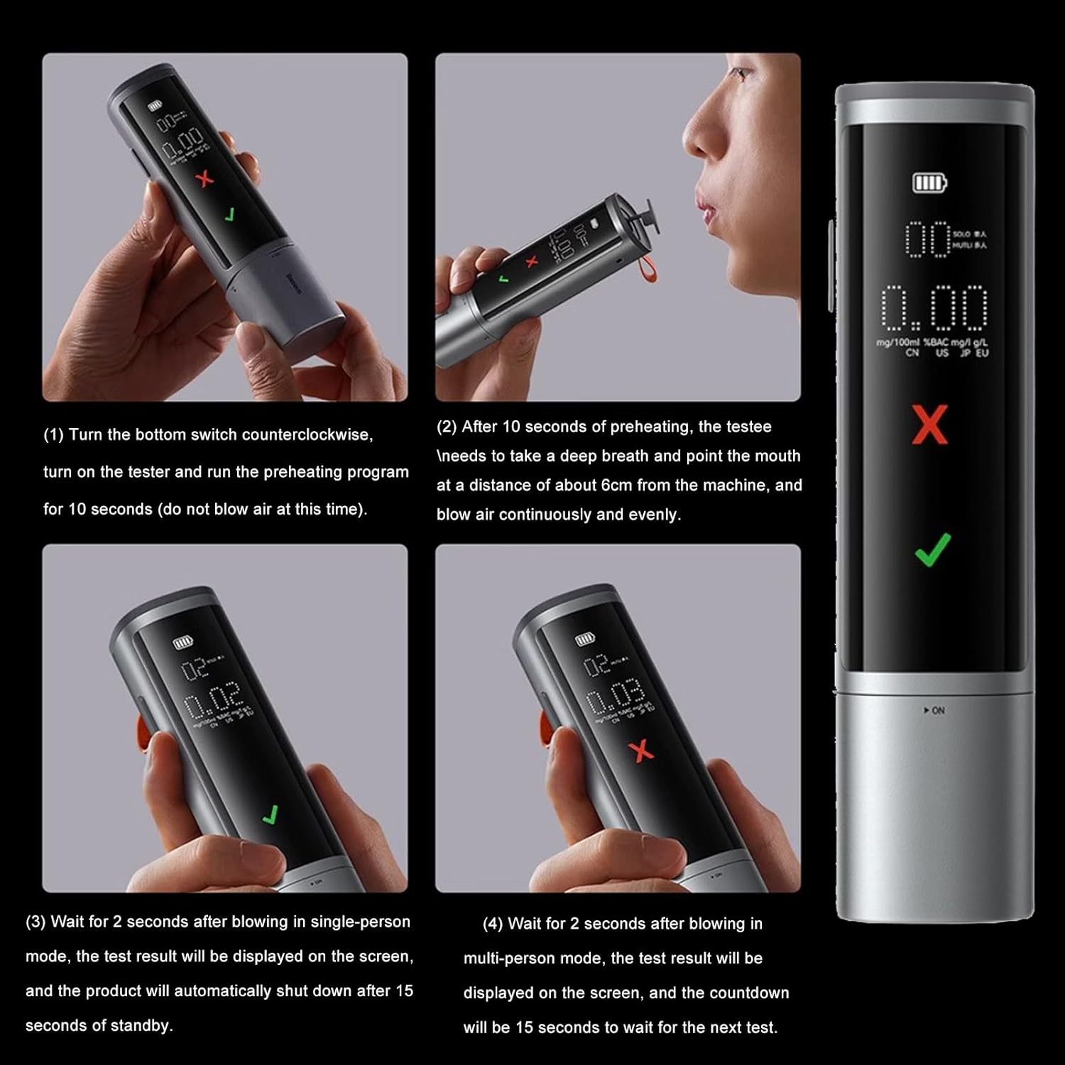 Breathalyzer | Portable Breath Alcohol Tester for Personal & Professional Use | Professional-Grade Accuracy | Multi-Person Continuous Detection