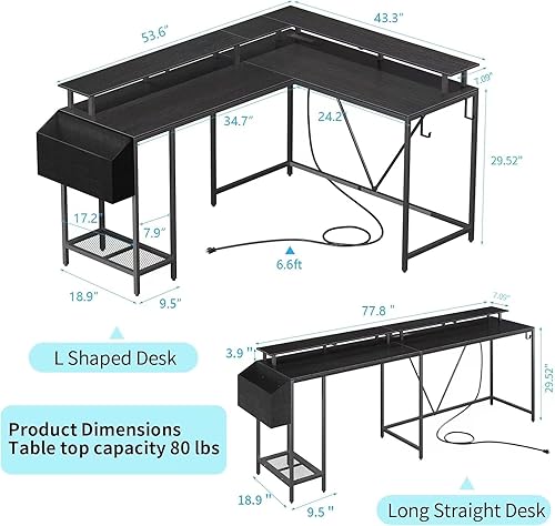 Vista 3 de L Shaped Gaming Desk with Power Outlets and LED Lights, 53 inch Cornor Computer Desk with Storage Shelves, Gamer Desk with Storage Bag and Hooks