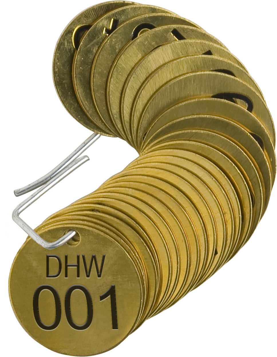 Brady 871801 1/2" Diameter Stamped Brass Valve Tags, Numbers 001-025, Legend "DHW" (25 per Package)