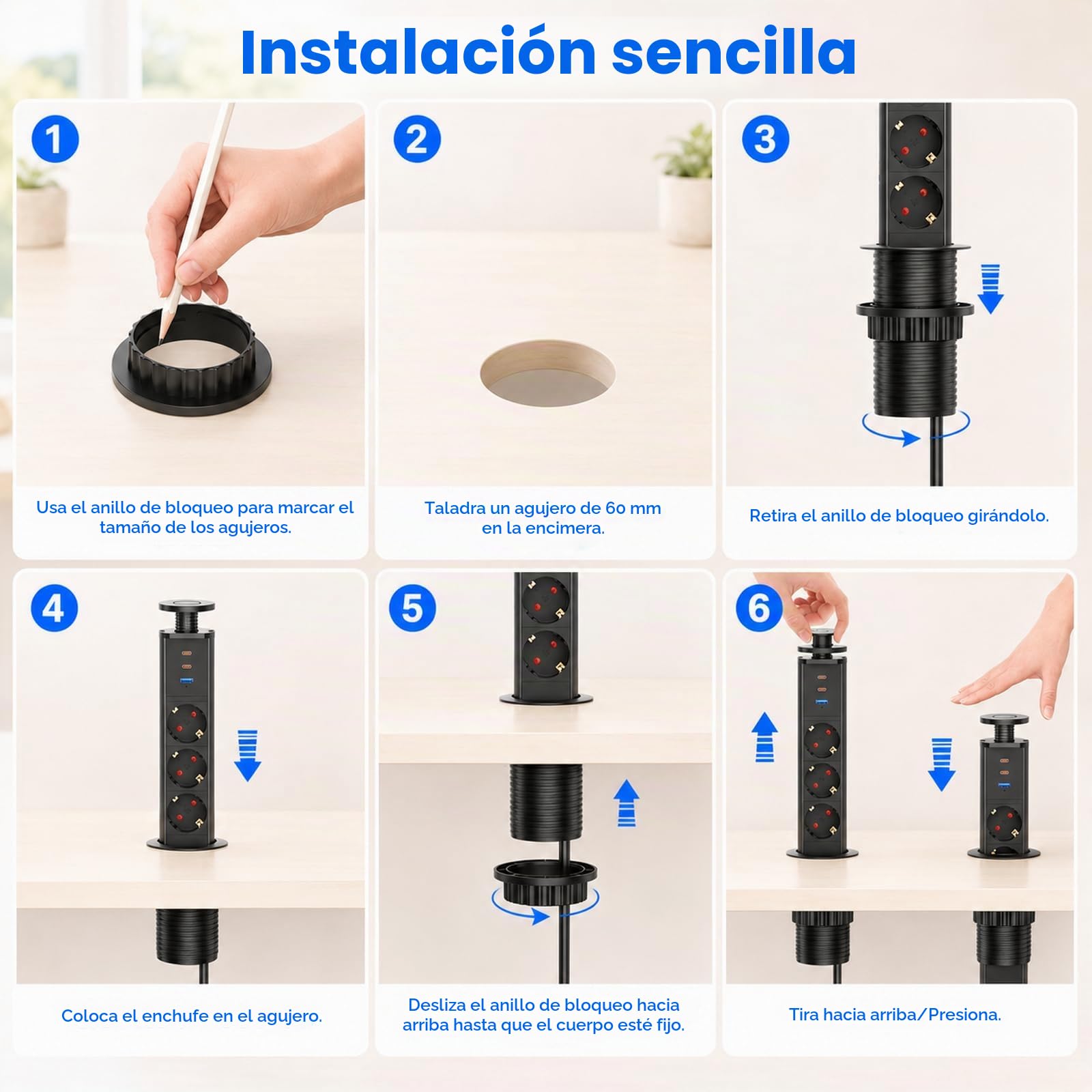 Enchufe empotrable retráctil con 3 Tomas, USB-C PD 30W, Ø60 mm | Regleta empotrable con USB-C2 y USB-A 15W, 4000W/16A, cable 1,8 m, escritorio, cocina y oficina, negro