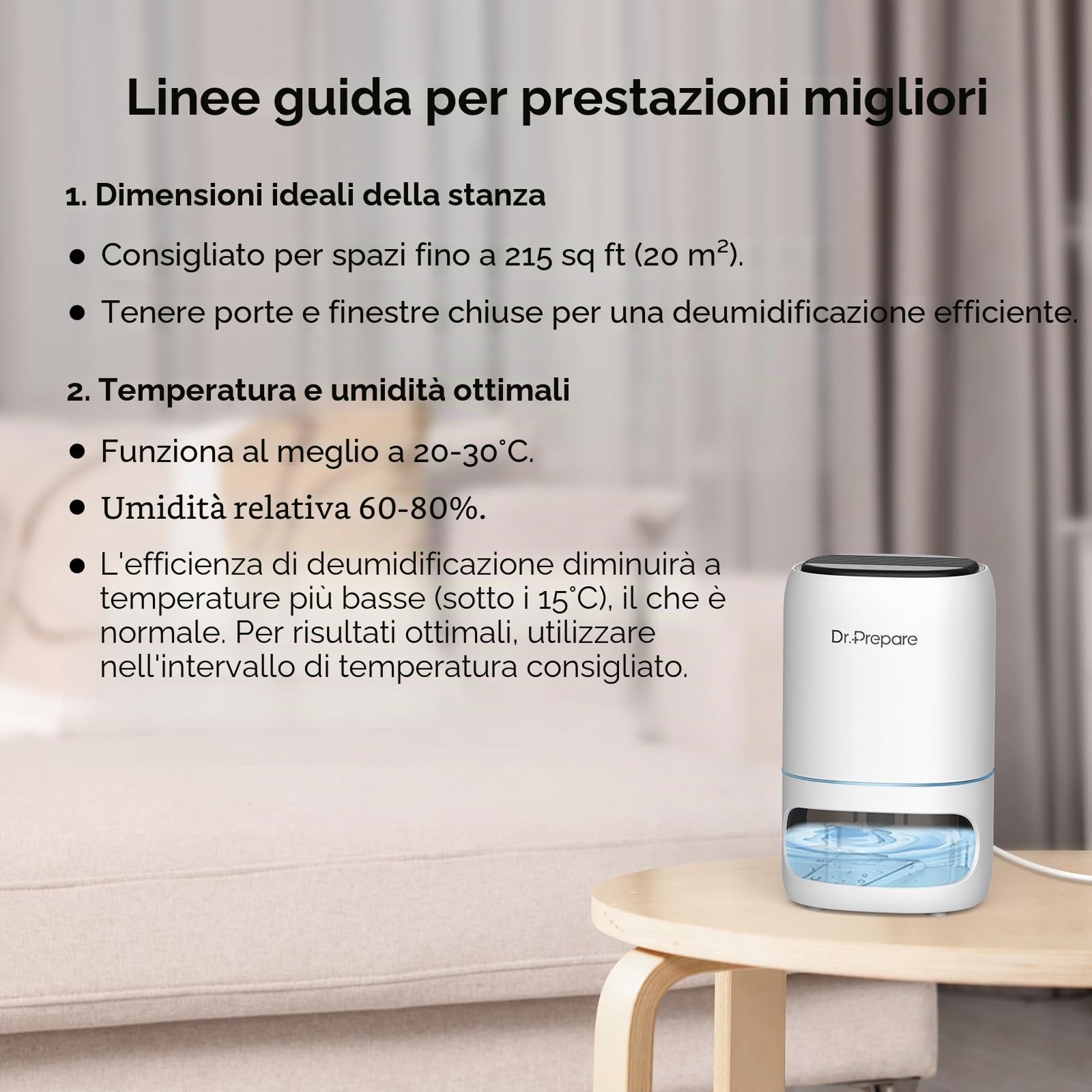 Dr.Prepare Deumidificatore Casa 1L Silenzioso Deumidificatore Portatile con Luce LED Timer 2/4/8H Spegnimento Automatico per Camera da Letto Bagno Armadio Camper