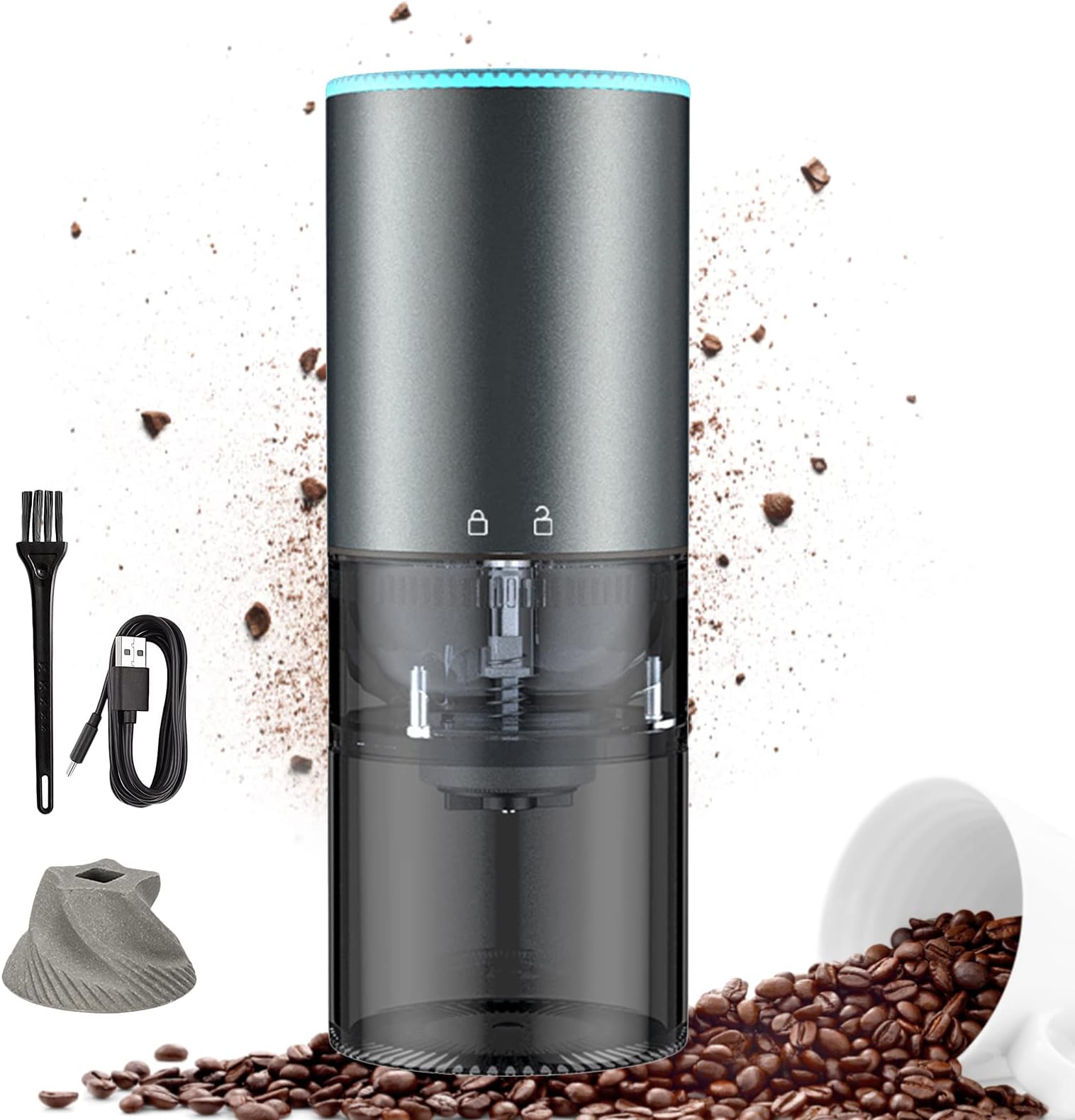 Electric Burr Coffee Grinder Portable, 4 Cups/30g/1oz Compact Automatic Conical Burr Grinder Coffee Bean Grinder with Muli Grind Setting, USB Rechargeable, Cleaning Brush Included（Upgraded Blue）