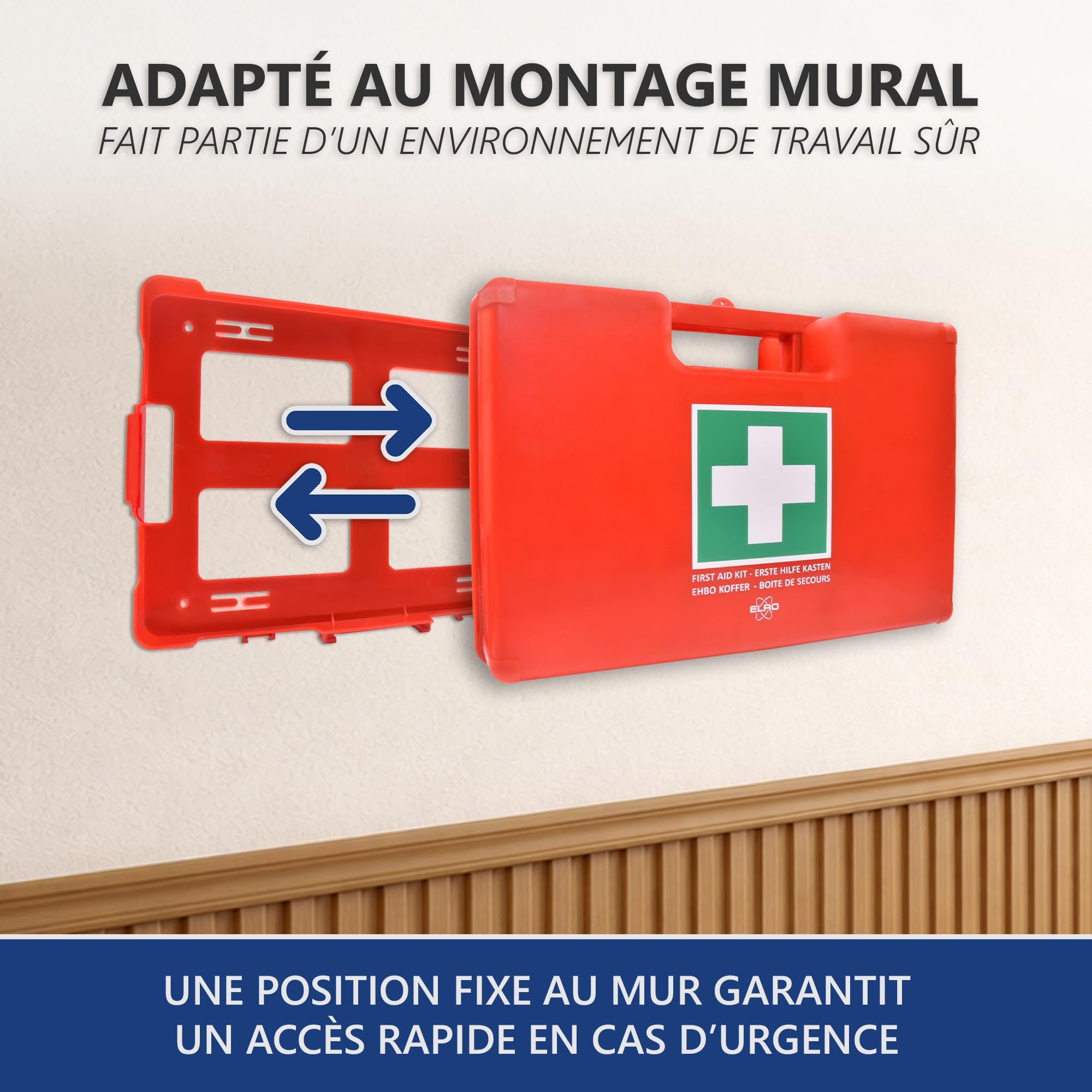 Elro EHBO5000 – Kit de Premiers Secours A Large – 165 pièces – Certifié EN13169 – Pour Bureaux, Associations et Maison – 50+ personnes – Avec Valise Rigide et Support Mural