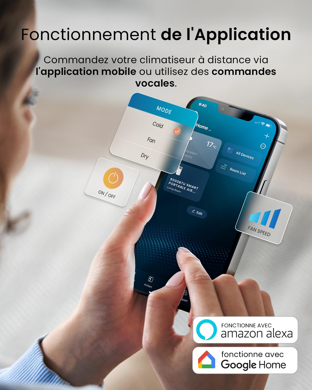 Pro Breeze Climatiseur Mobile 4-en-1 9000 BTU - Clim Puissante compatible WiFi avec Application- Minuterie 24 heures, Télécommande et Kit Fenêtre inclus pour Chambre, Salon 22m² [Classe énergétique A]