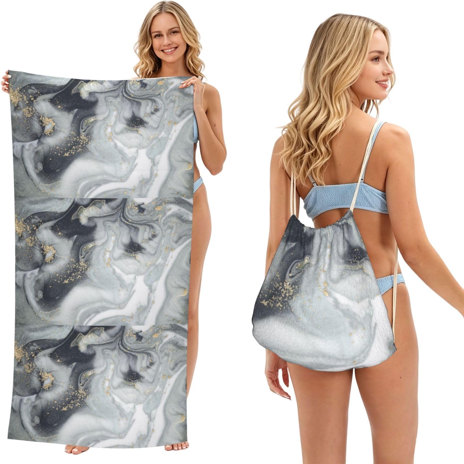 Poadnly As Picture Gray Marble Abstract Splash Pastel, 2 In 1 Packable Towel Bag, Beach Towels With Drawstring Backpack For Travel Holiday Camping