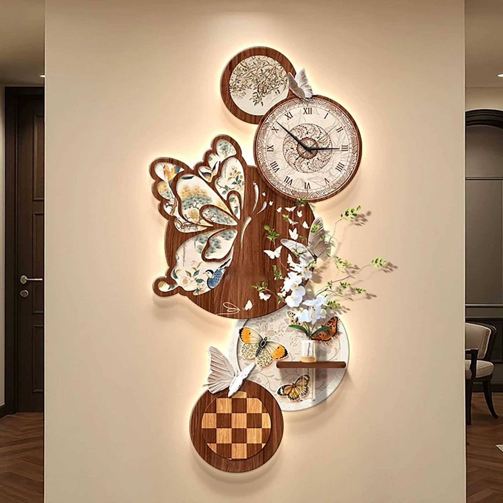 3D LED Lámpara Decorativa | Reloj con números romanos diseño vintage, modelo mariposa floral(Brown-A,40*80/15.7*31.5in)