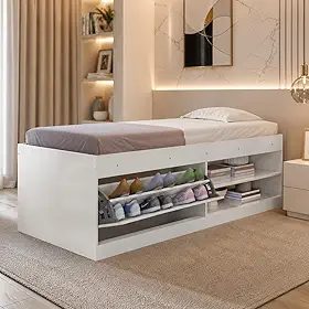 Cama Box Solteiro Com Sapateira 2 Prateleiras Reforçada Branco