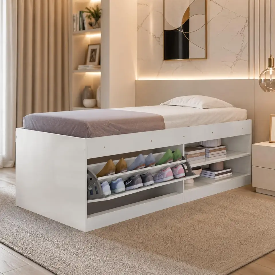 Cama Box Solteiro Com Sapateira 2 Prateleiras Reforçada Branco