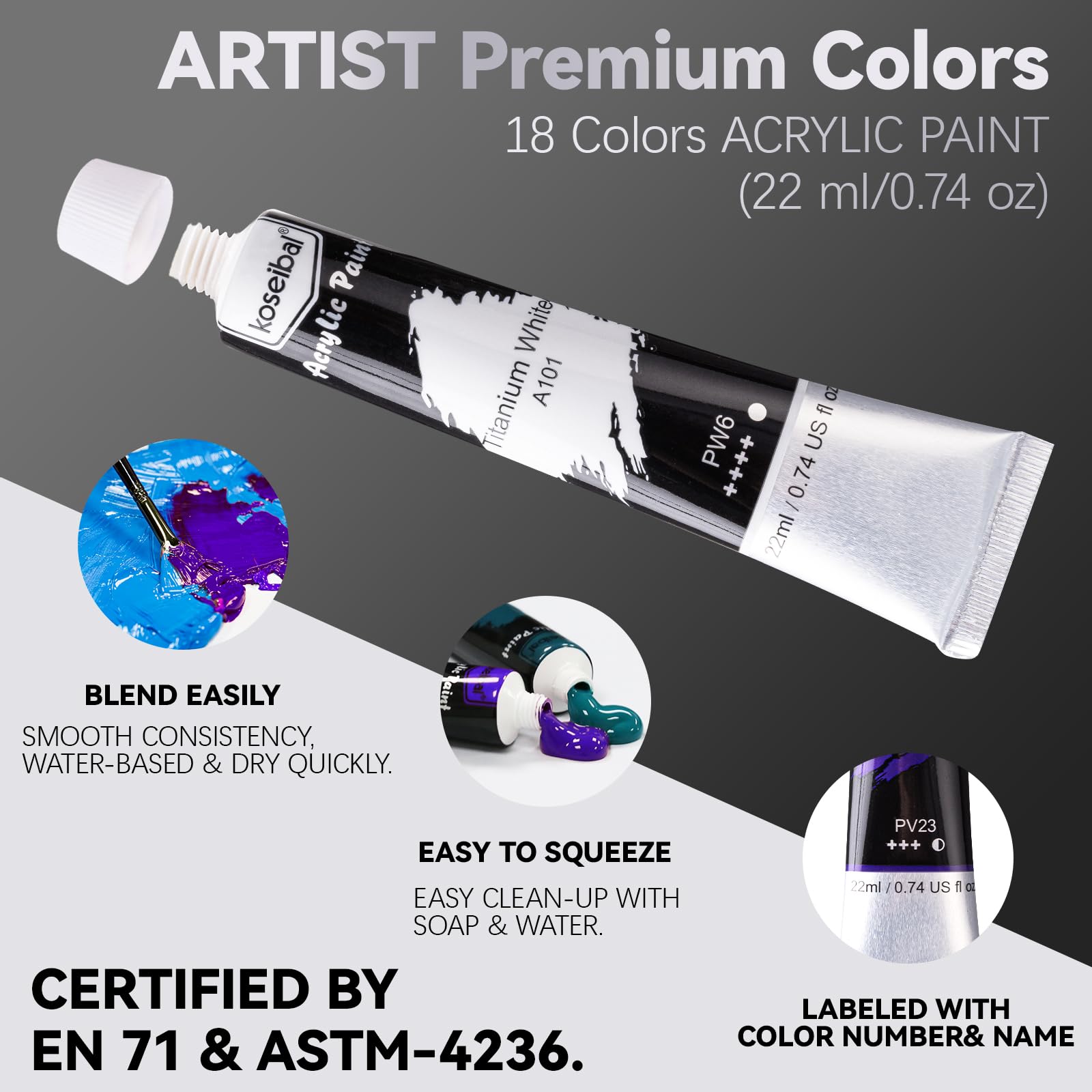 koseibal Juego de pintura acrílica para adultos y niños, kit de 37 piezas de pintura acrílica de 18 colores, 8 pinceles de pintura, 6 paneles de lienzo, caballete de madera, paleta, almohadilla de