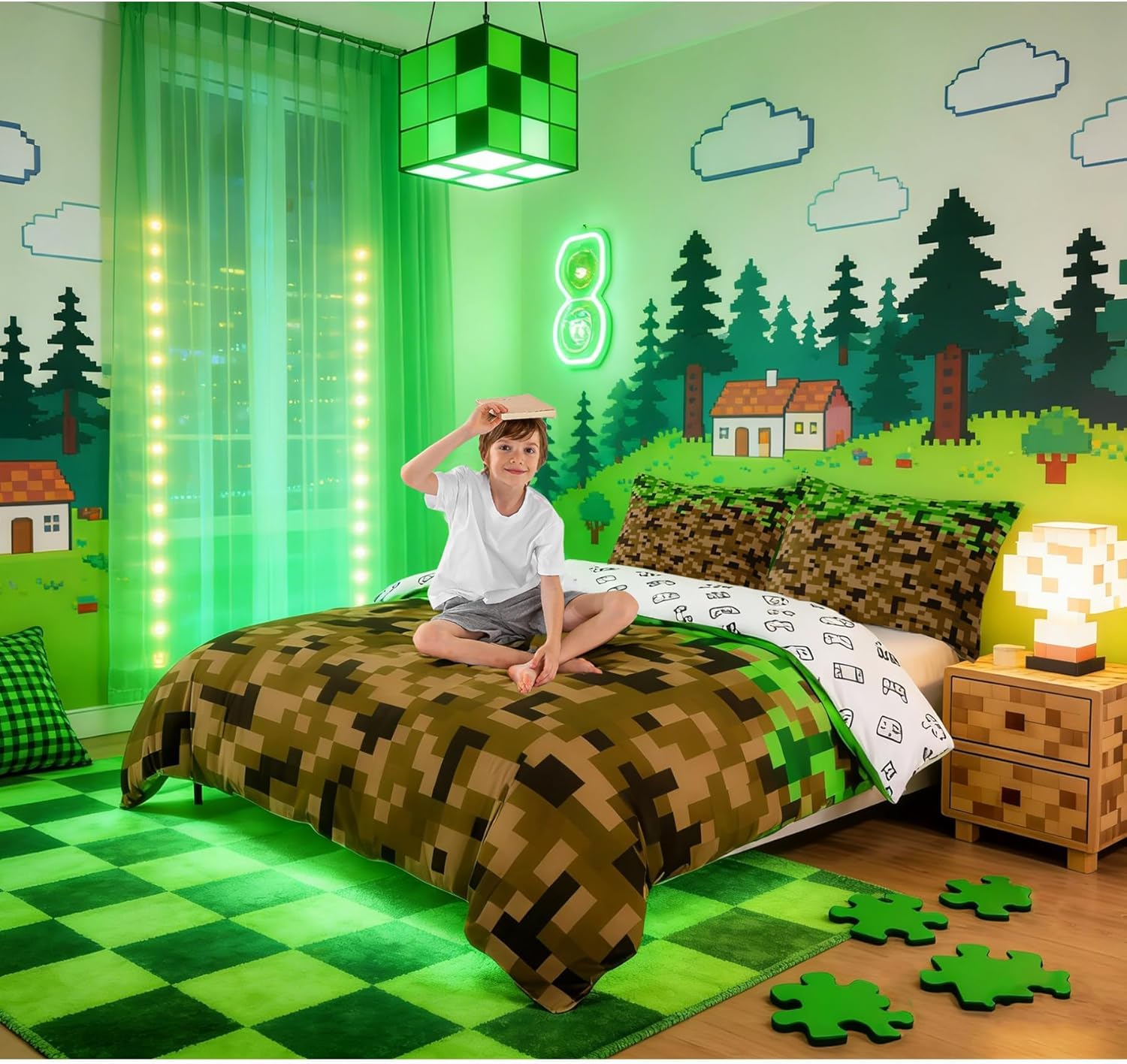 Miner Style Square Grid Duvet Cover Set Single Size,Brown Green Army Camo Bedding Set for Kids Boys Teens Men Room Decor,Cartoon Gamepad Reversible Comforter Cover Pixelated Games Quilt Cover 2Pcs