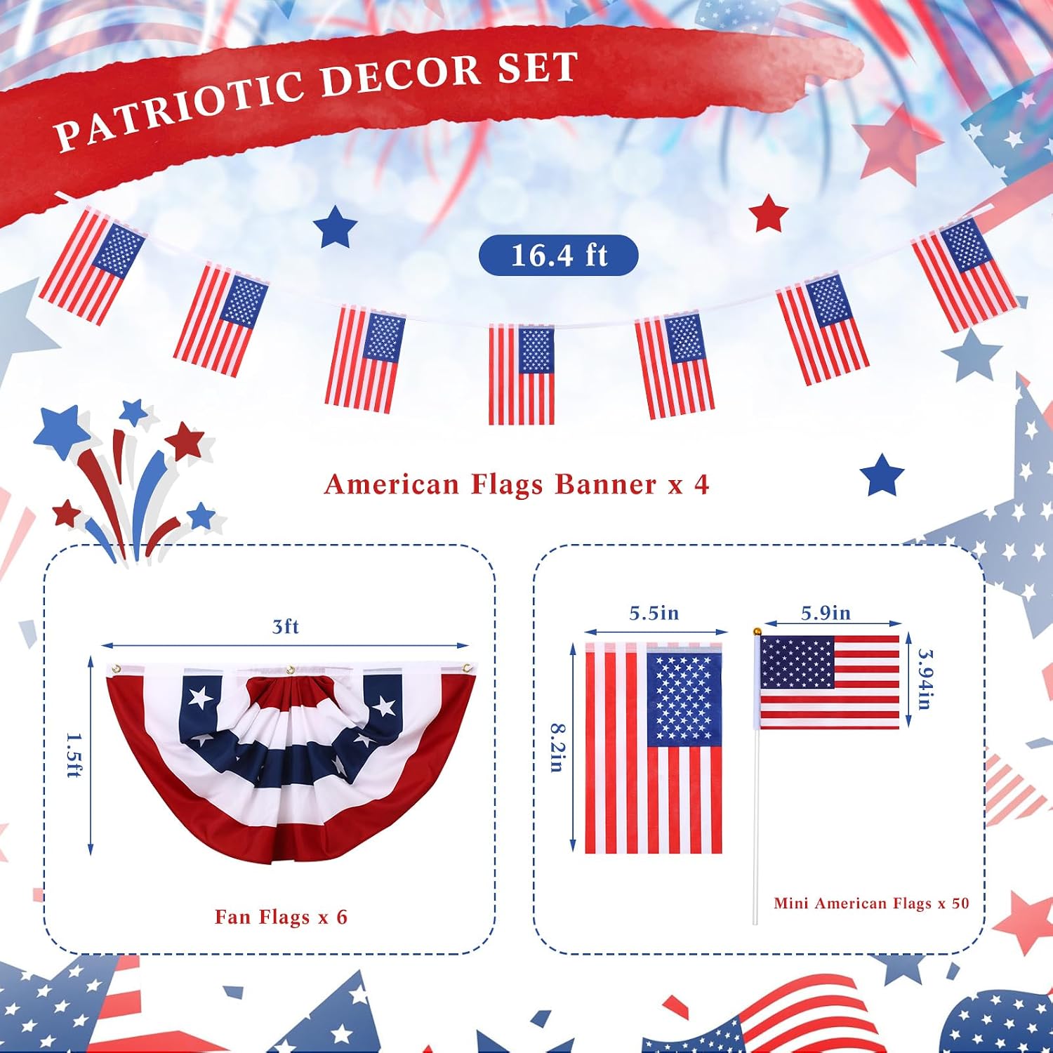 Mindsoft 61 Pcs Independence Day Decorations Outdoor Bunting Flags Set Patriotic Pleated Fan Flag 1.5 x 3 FT Hanging American Flag Banners 4th of July Small American Flags USA String Pennant Flag