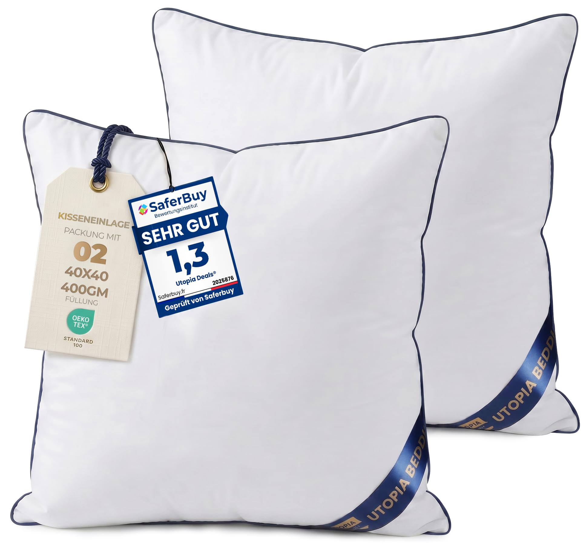 Utopia Bedding 2er Set Kissen 40x40 cm, Kissenfüllung für Bett und als Dekokissen, Sofakissen, Zierkissen für Couch (Weiß)