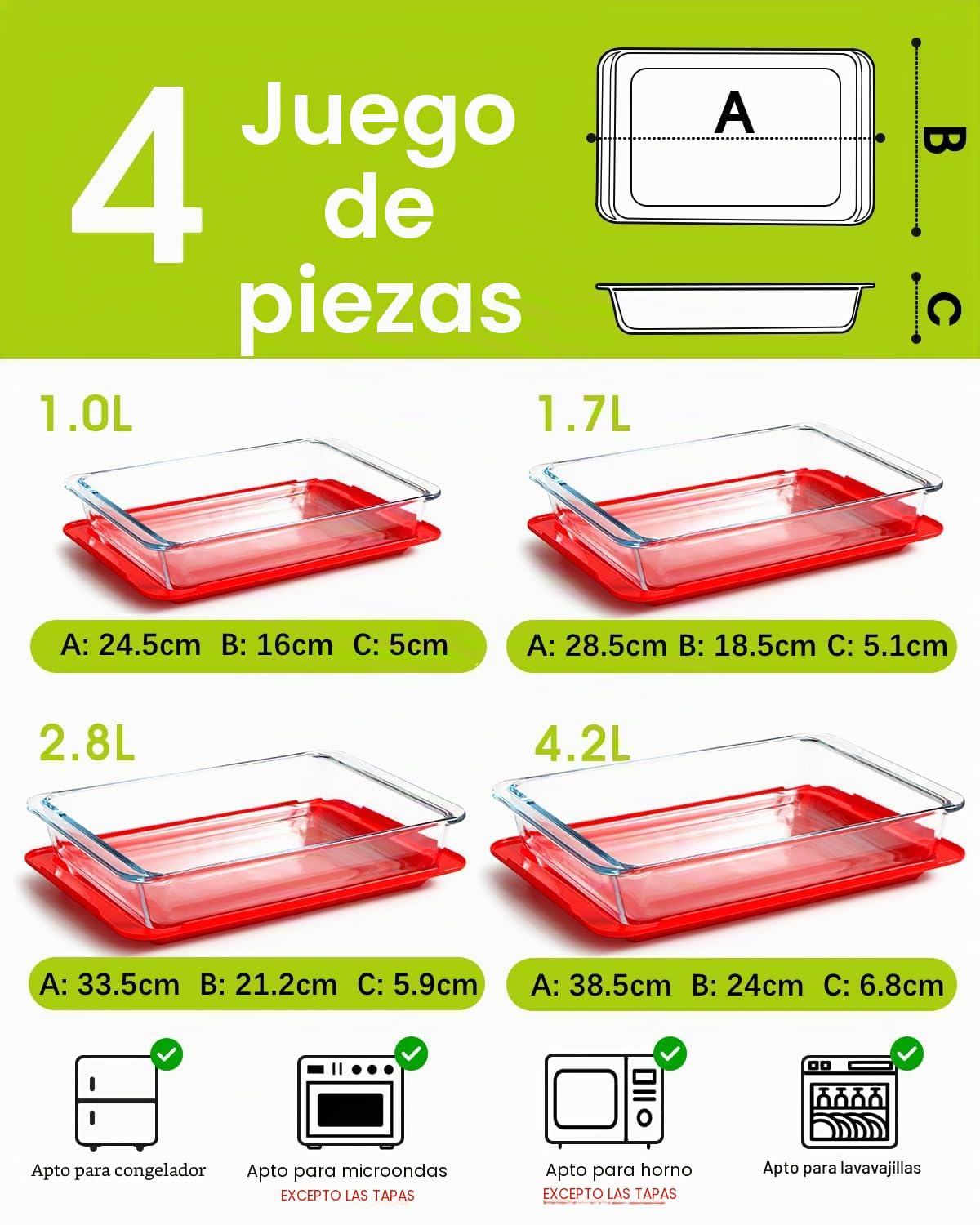 Set de 4 Fuentes de Vidrio con Tapa, 1+1.7+2.8+4.2L - Fuentes de Lasaña para Horno (NO LA TAPA), Rectángulo, Recipientes de Vidrio con Tapas de Plástico
