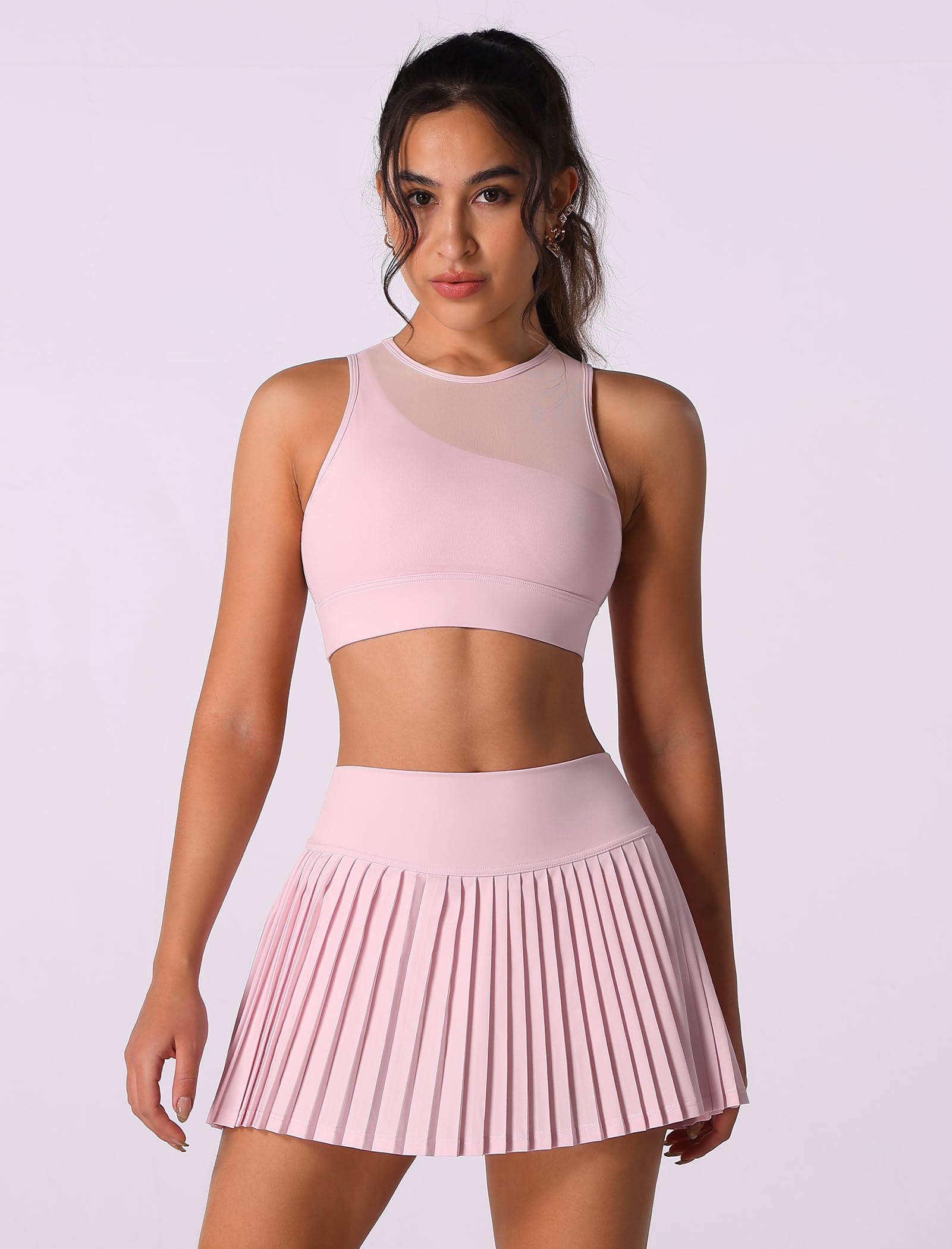 OMEWEE Ensemble de jupe de tennis deux pièces avec bretelles simples, haut en tulle et jupe plissée taille haute