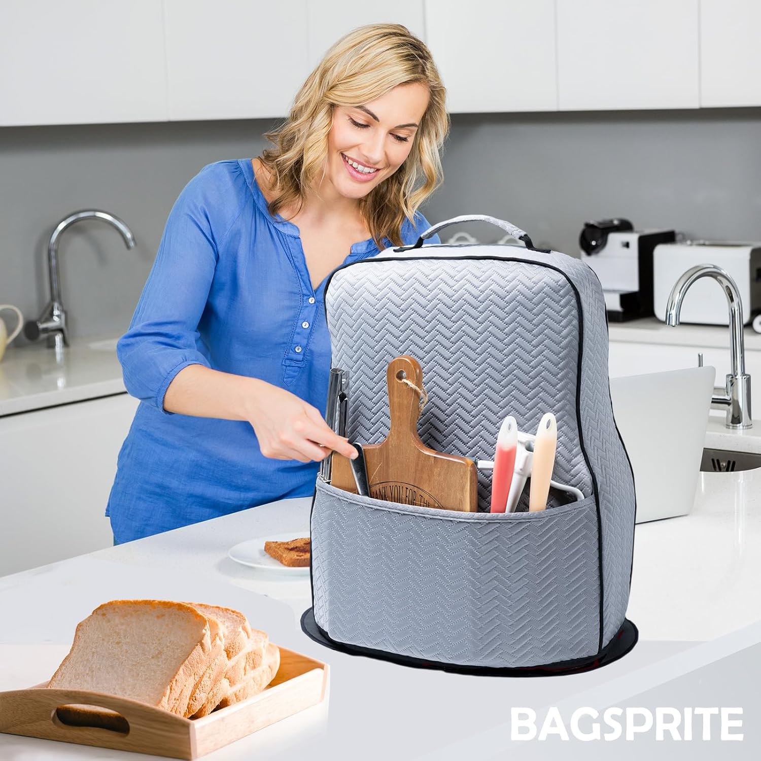 BAGSPRITE Stretchy Stand Mixer Cover with Appliance Slider– Washable Applicance Cover Compatible with KitchenAid Mixer 6/7/8 Quart – Dust Cover with Pockets for KitchenAid Accessories and Attachments