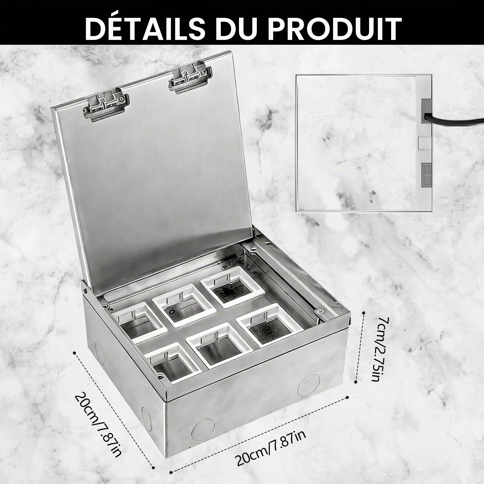 Prise de Sol en Acier Inoxydable, 4000W/16A Prise Encastrable étanche, Boîte de Prise Encastrée au Sol, Inserts Optionnels à Monter Soi-même,6 Compartiments, 200 * 200 mm