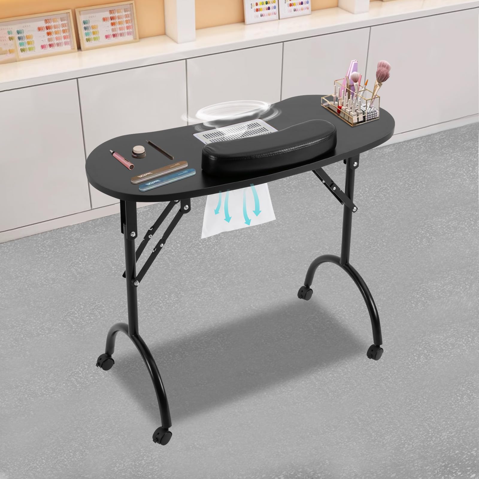 Maniküre Tisch, Tragbare Maniküretisch Faltbar Nageltisch Tragbaresmanikürtisch Manikürtisch Maniküre Nagel mit Staubsaugerbeutel und Handgelenk-Pad, 90*40*72cm - Schwarz